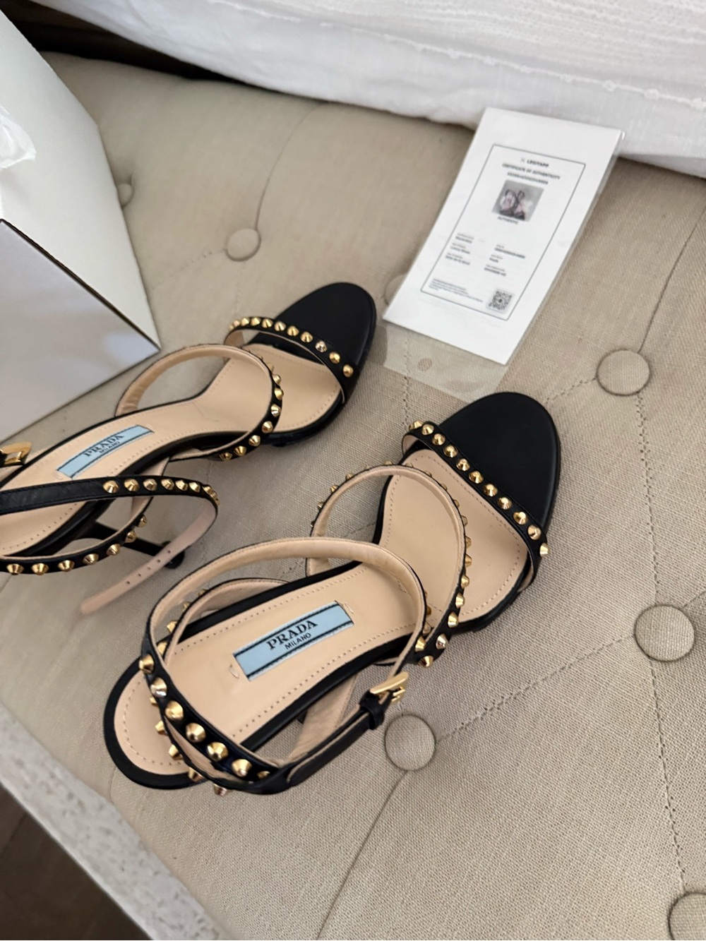 Prada Black and Beige Studded Leather Ankle-Strap Heels - excellent conditions